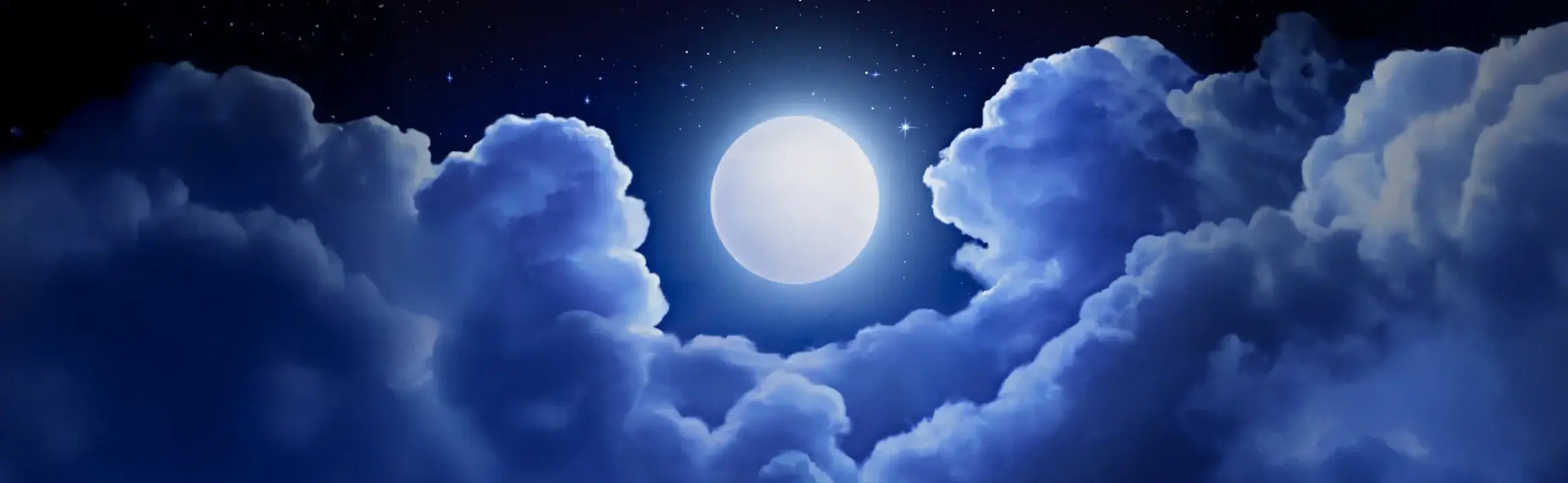 Bright full moon shining through fluffy blue clouds in a starry night sky, creating a magical atmosphere.