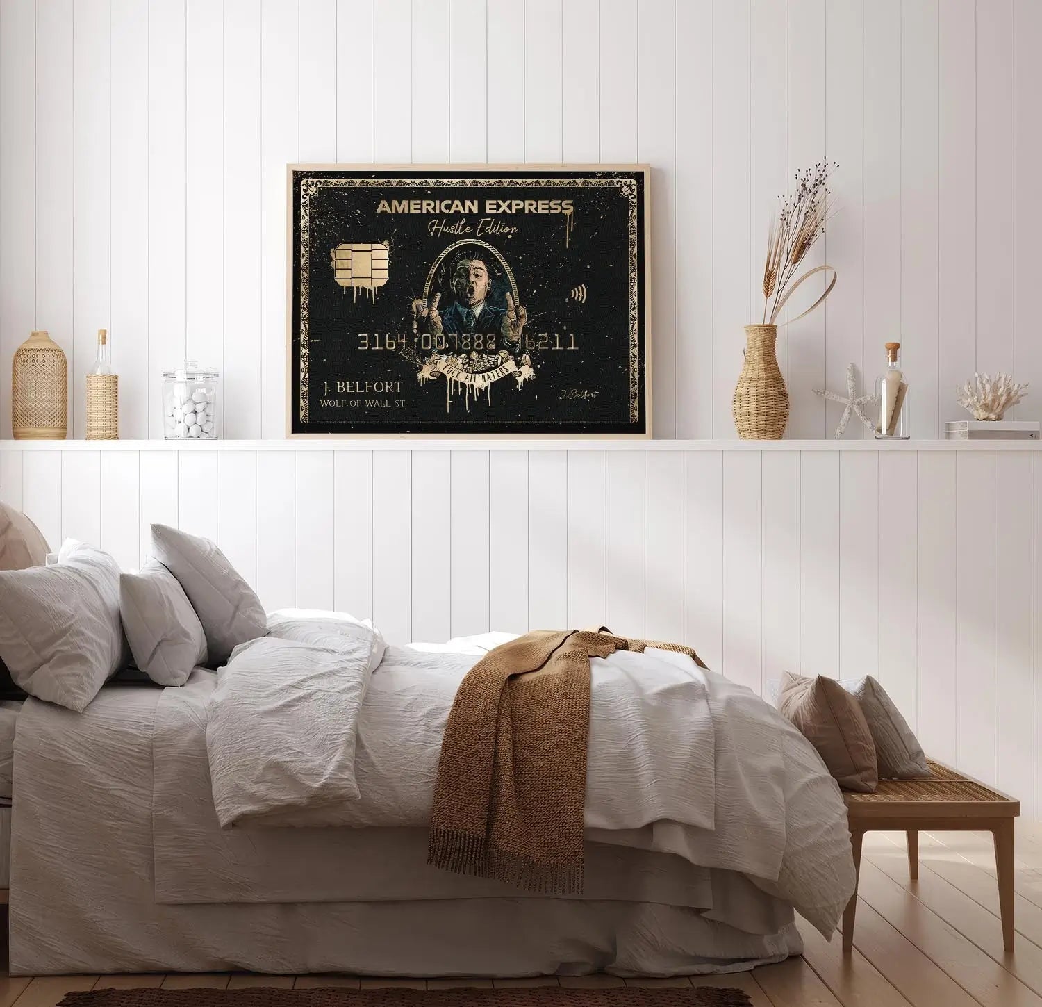 Wolf of Wall Street motivational canvas art on a shiplap wall above a bed in a modern farmhouse bedroom.