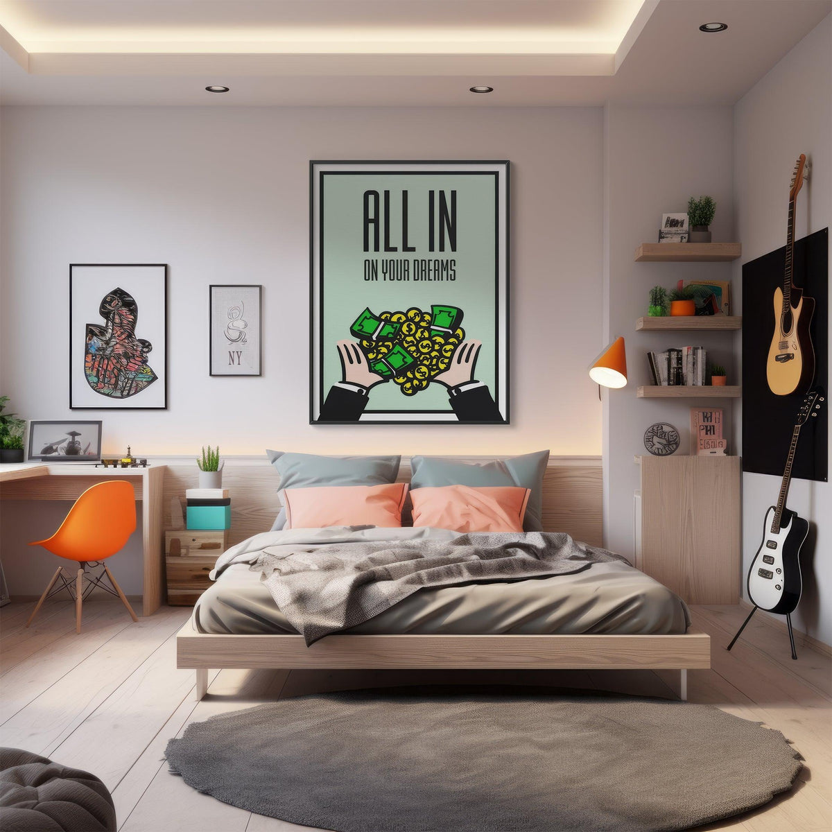 Large All In On Your Dreams poster hung above a bed in a modern bedroom with guitars