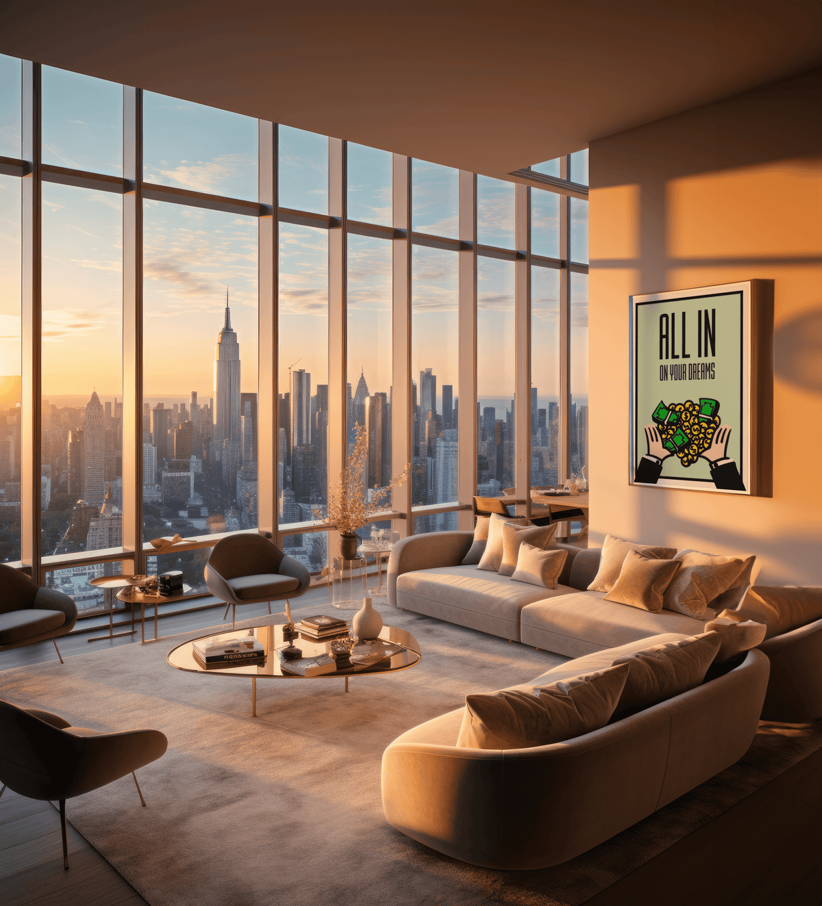 Mint money poster on a warm wall of a New York penthouse overlooking the skyline at sunset