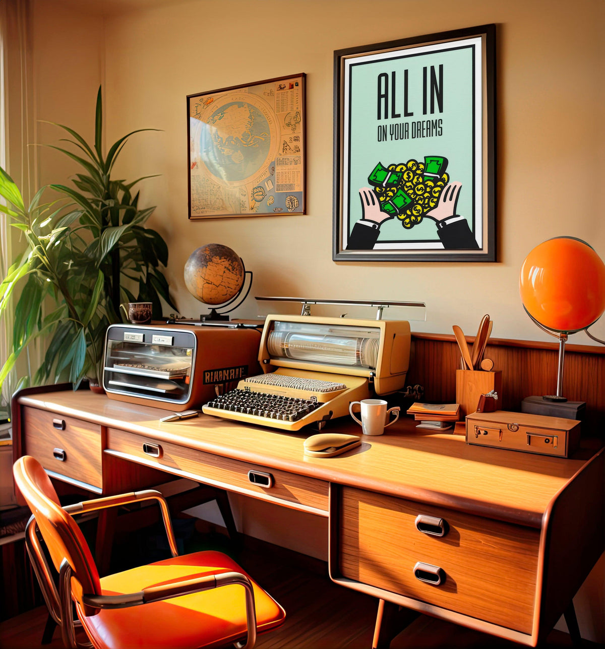 Retro home office wall with All In On Your Dreams money poster above a vintage typewriter desk
