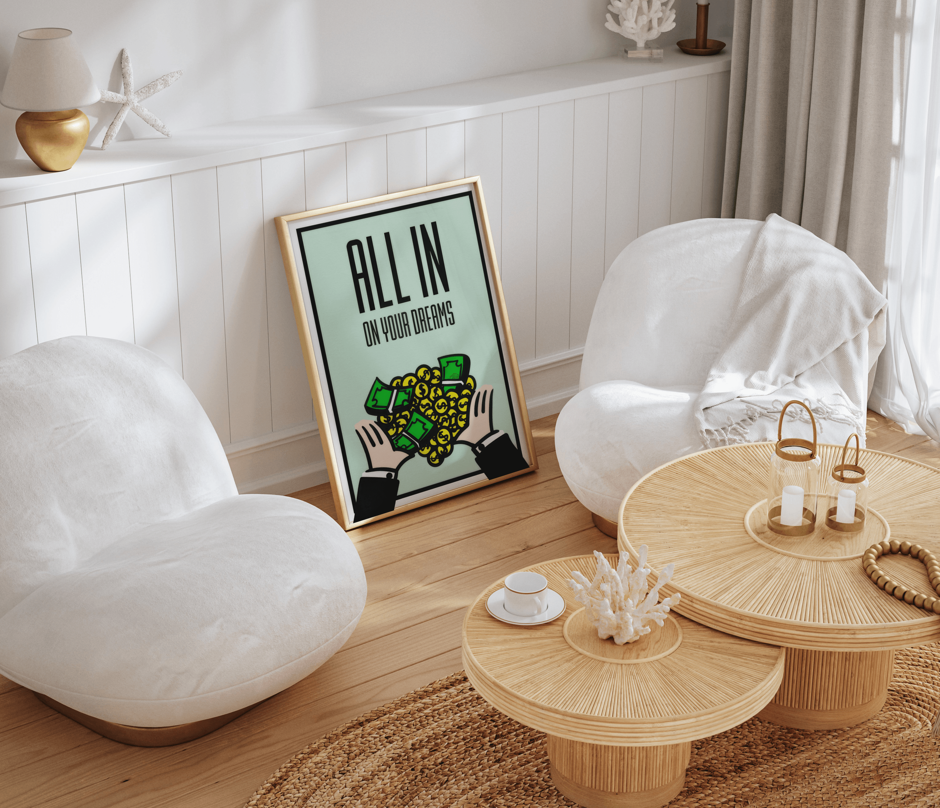 Light wood framed money poster leaning on wood flooring between two white lounge chairs