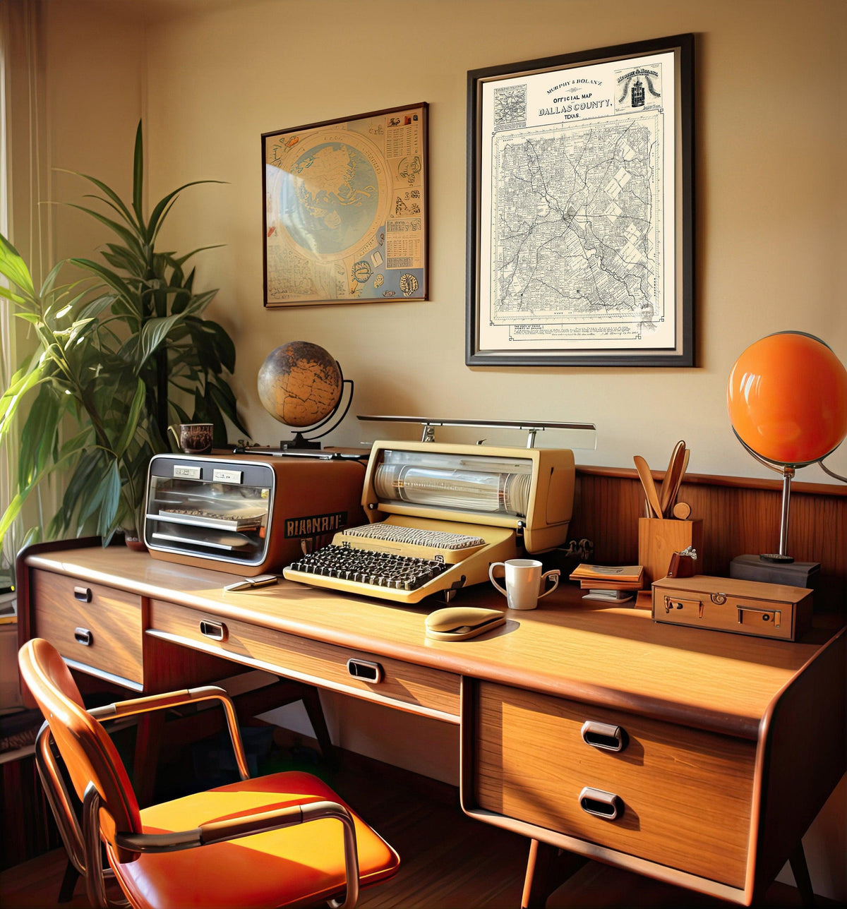 Murphy and Bolanz Official Map of Dallas County Texas framed above a retro desk with typewriter and globe