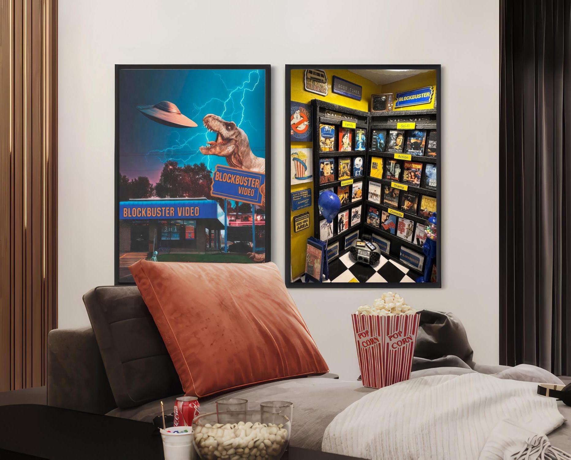 Detail of two posters, a T rex with UFO over Blockbuster Video and a yellow VHS rental shelf