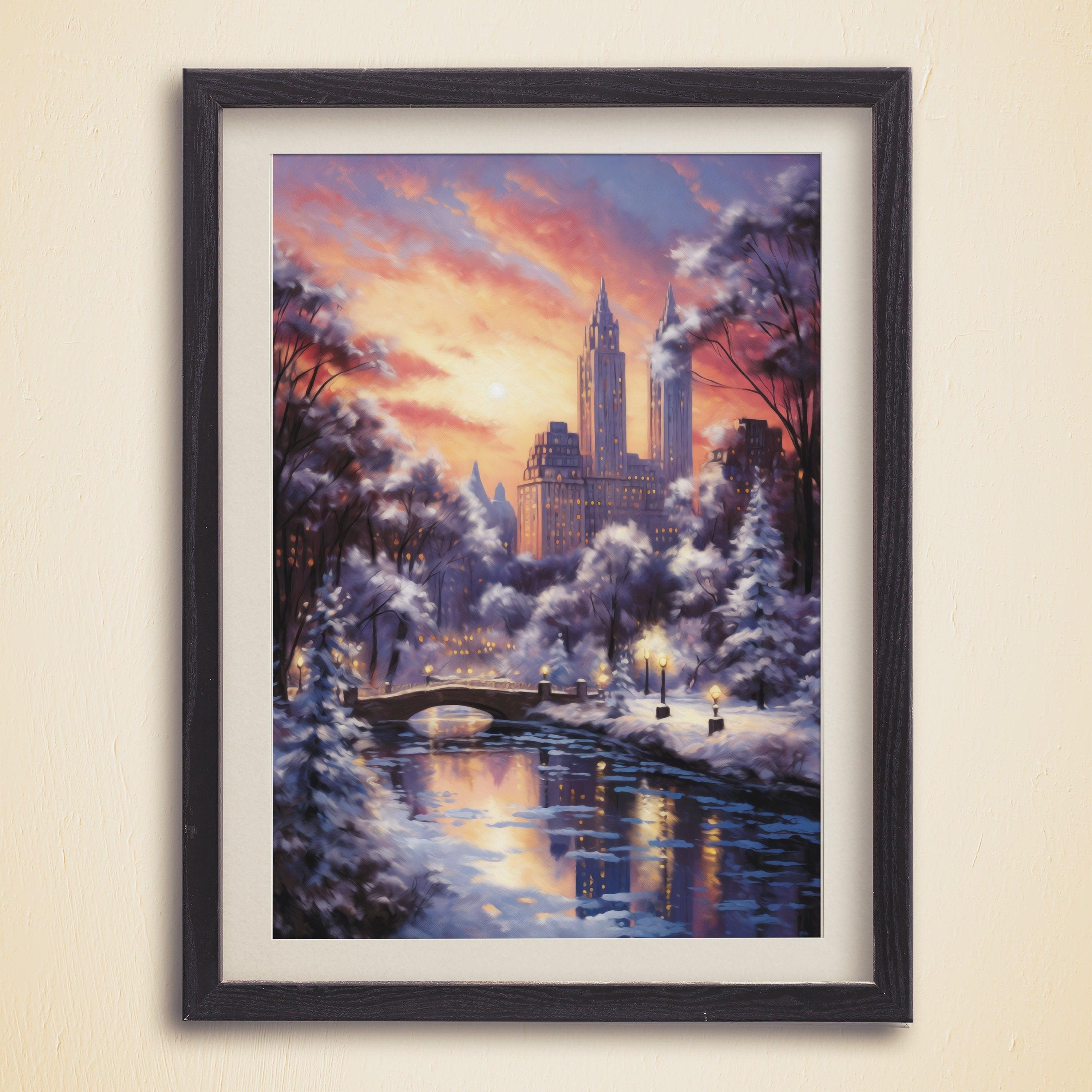 New York Winter Poster, Central Park Poster, Sunset Lights, Decor For World Traveller, Oil Painting Christmas Gift, Aesthetic Snowing - DreamBrothers