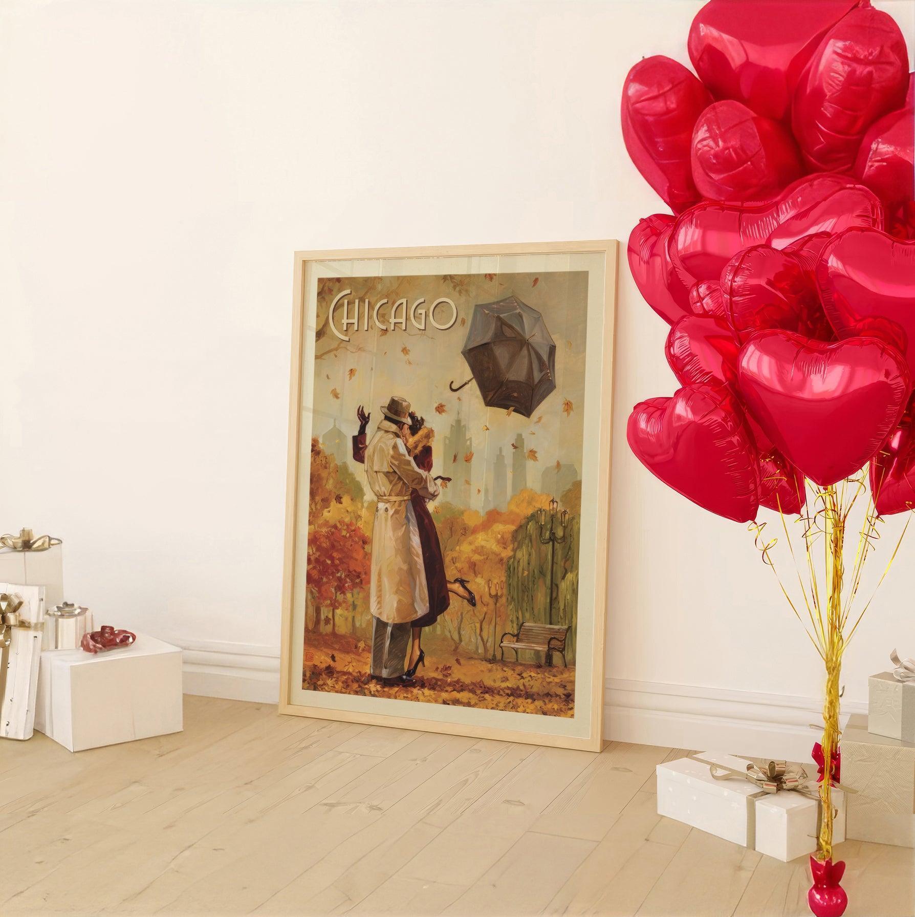 Close view of the Chicago poster art, couple kissing under a flying umbrella and golden leaves