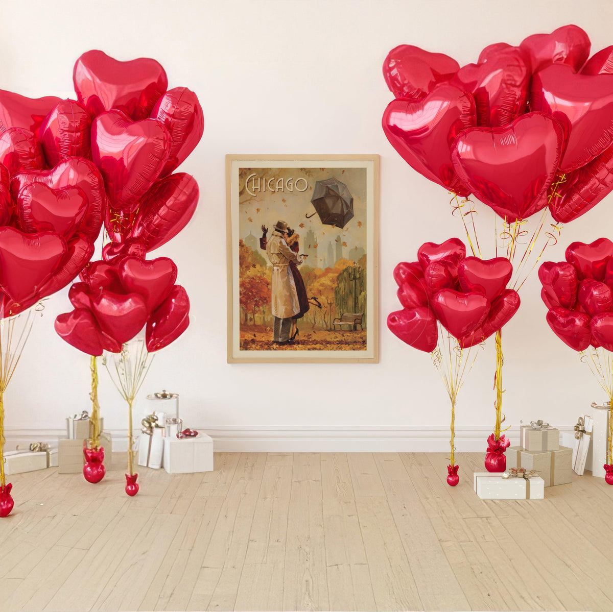 Chicago romance poster hung on a white wall framed by red heart balloons and gift boxes