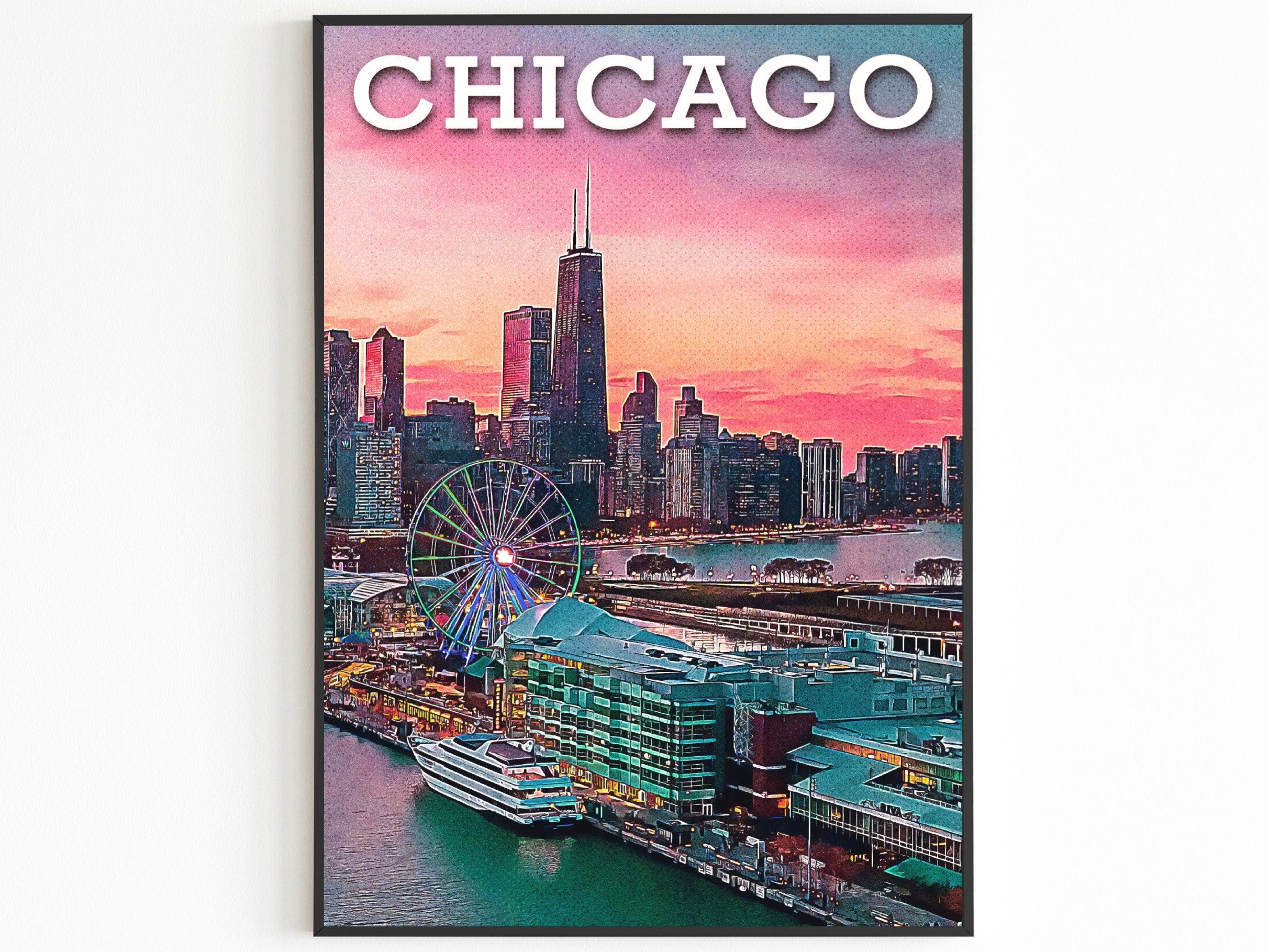Close view of the Chicago print showing Navy Pier ferris wheel under a pink sunset sky