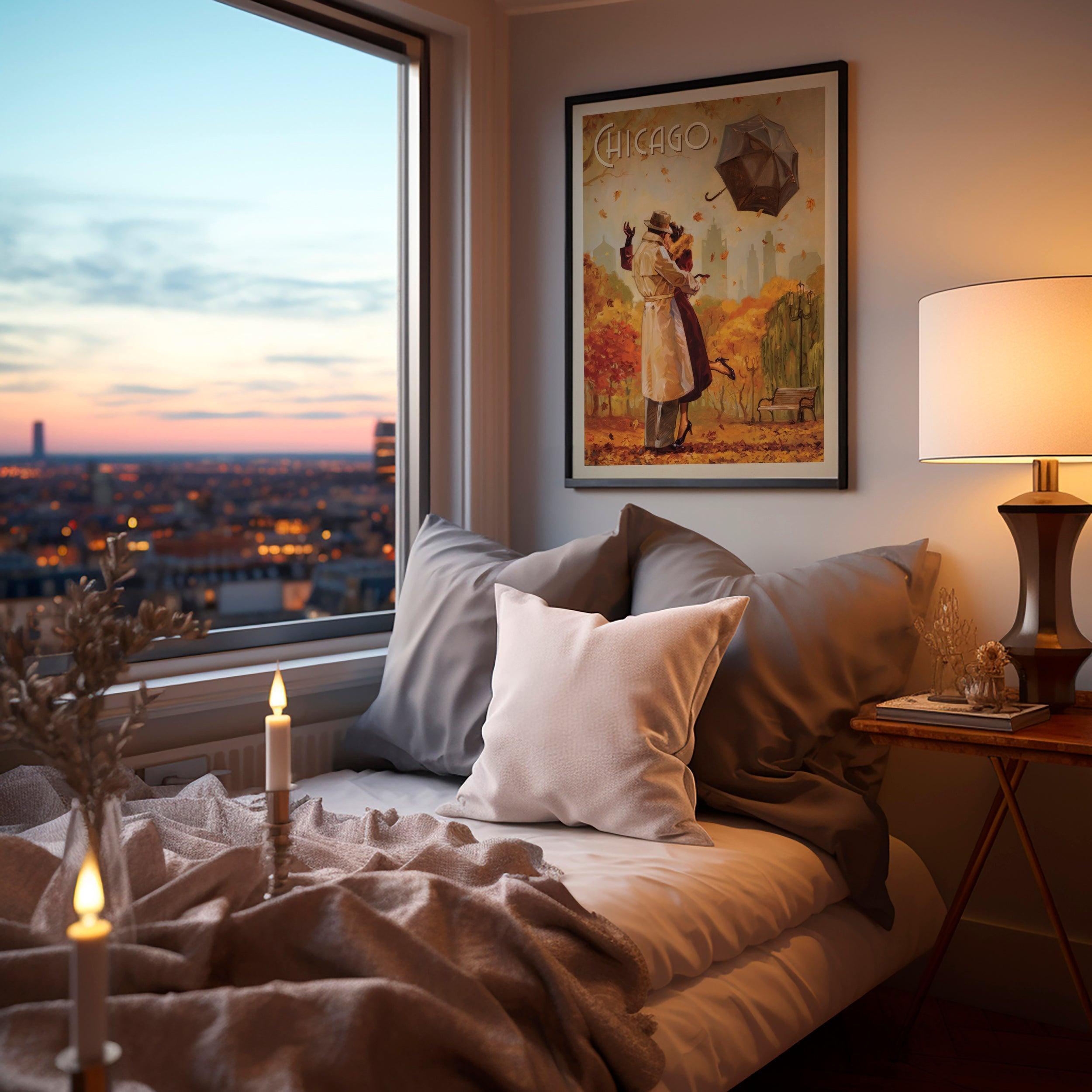Black framed Chicago couple poster above a cozy bed at sunset with city skyline window