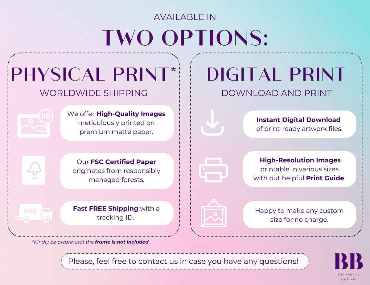 Graphic comparing physical print with worldwide shipping and instant digital download options for this map