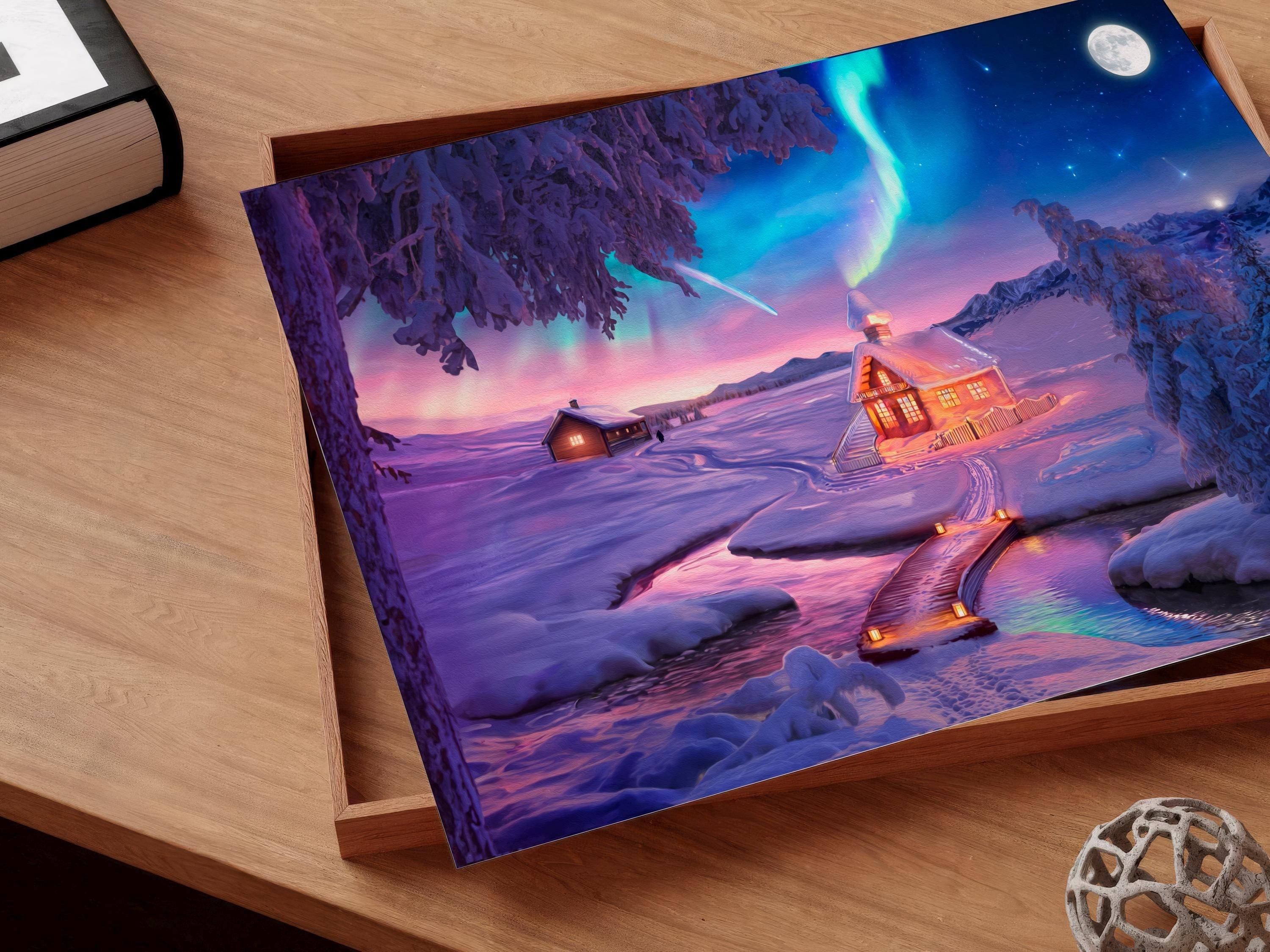 Colorful Winter Wonderland Oil Painting Wall Art | Northern Lights Landscape Decor | Panoramic Poster