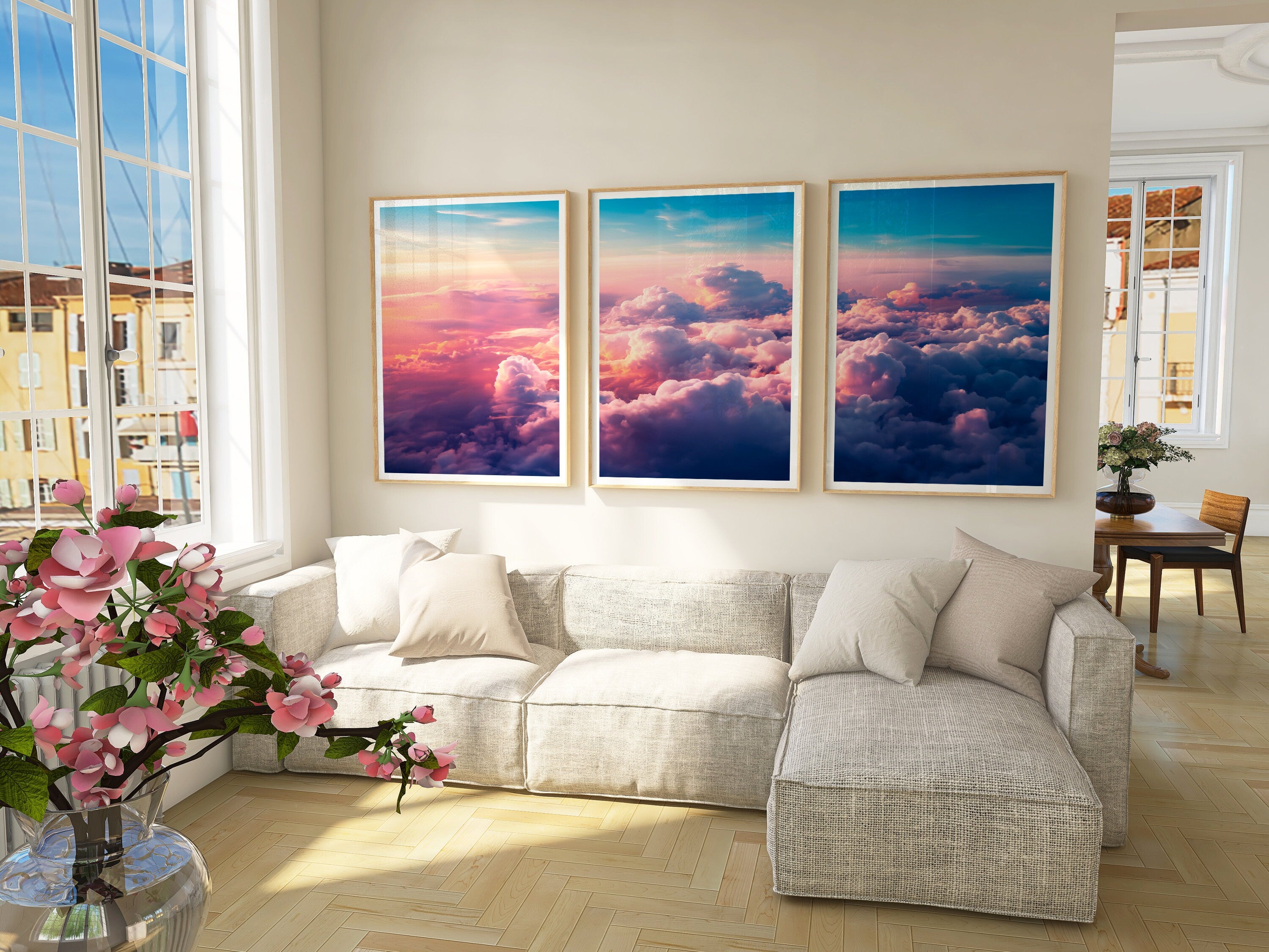 Colorful Clouds Prints, Blush Pink Clouds, 3 Piece Printable Wall Art, Sunset Over The Clouds, Set of 3, Aesthetic Poster Download - DreamBrothers