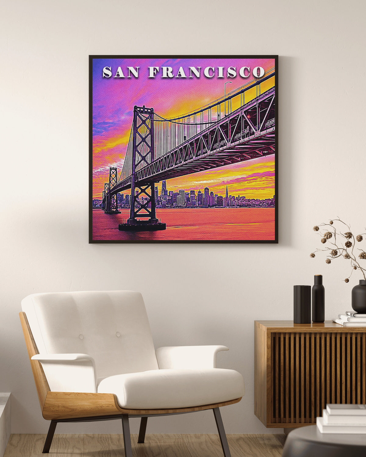 San Francisco Sunset Skyline Poster, Bay Bridge Print, California Vintage Retro Poster, USA Vibrant Gift, Aesthetic Colorful Art - DreamBrothers