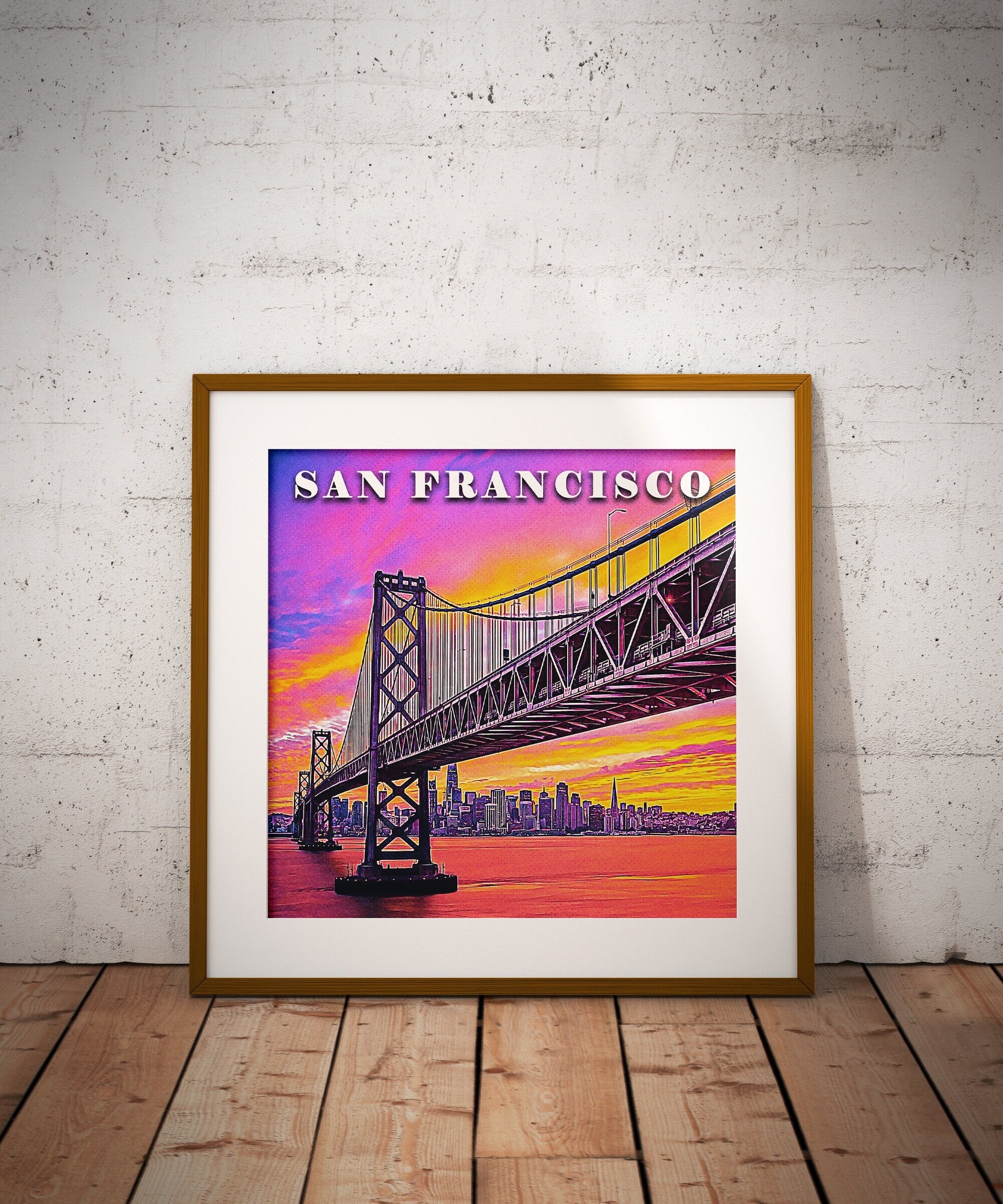 San Francisco Sunset Skyline Poster, Bay Bridge Print, California Vintage Retro Poster, USA Vibrant Gift, Aesthetic Colorful Art - DreamBrothers