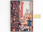Chicago Poster, Christmas Winter Light Print, Theater Sign, Illinois State Gift, Snowflake Photo, New Year Light, United States Poster