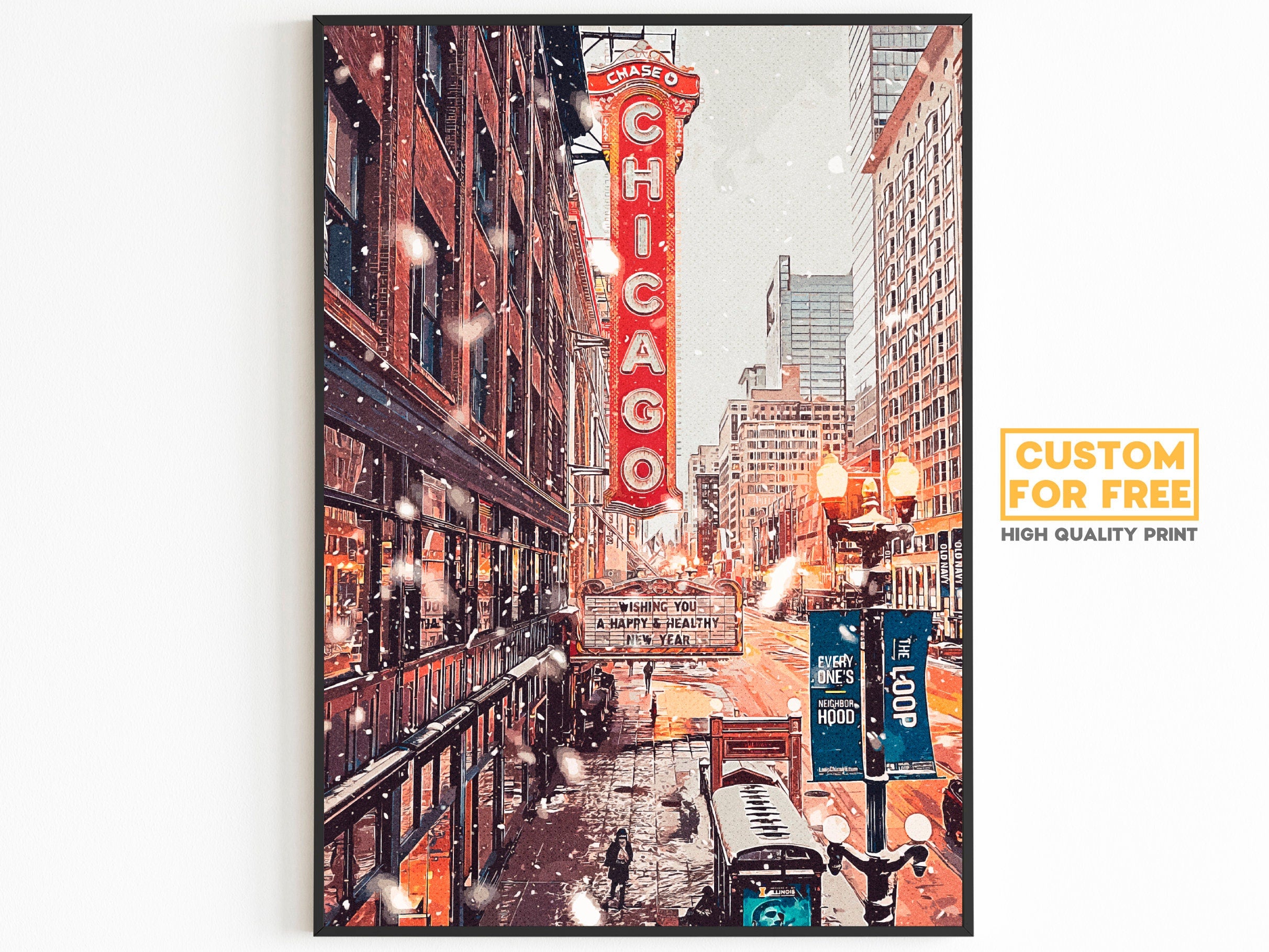 Chicago Printable Poster, Snowing City, Winter Vibes, Illinois Print, USA Travel Gift, New Year Wall Art, United States Decor - DreamBrothers