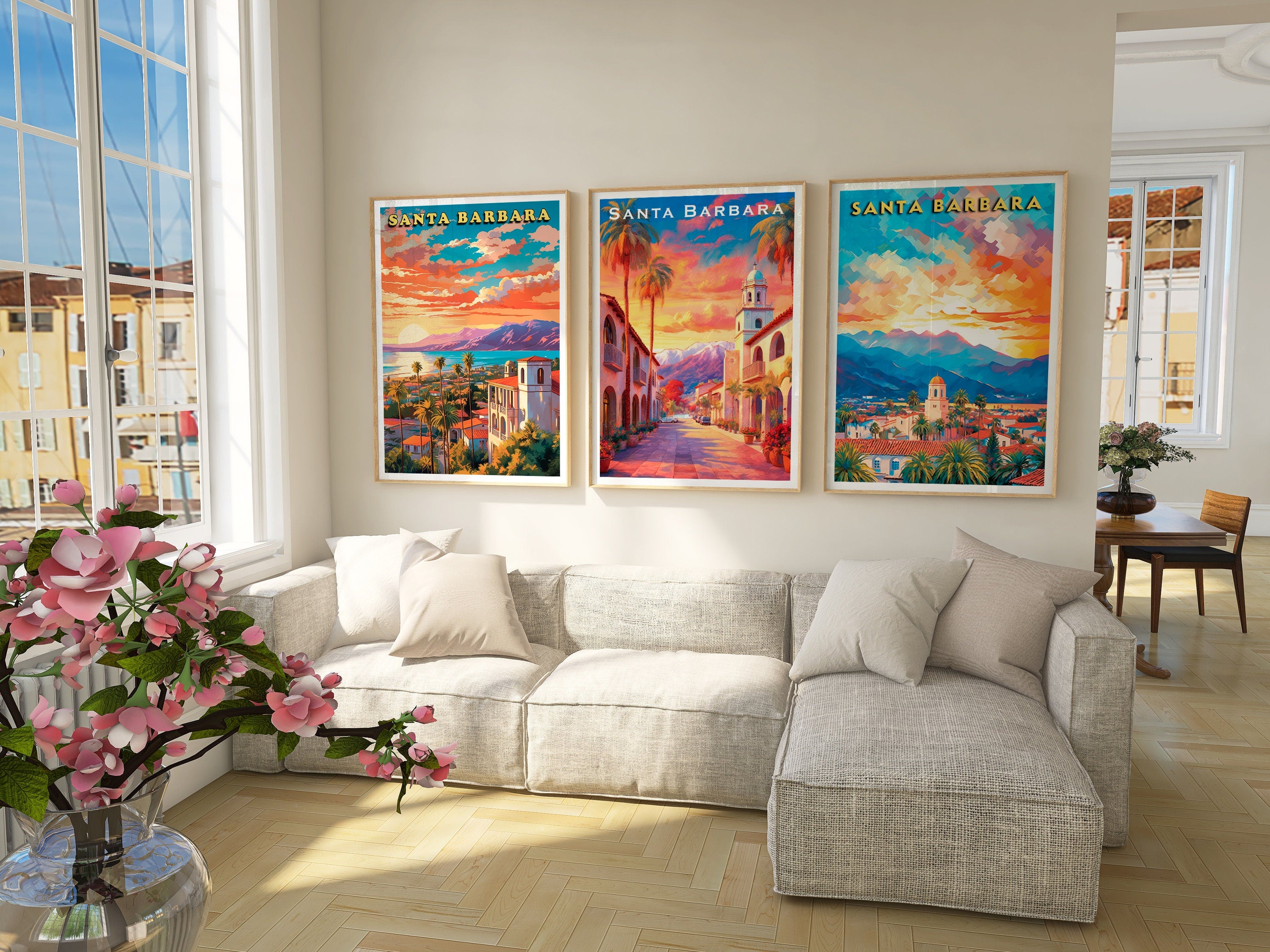 Santa Barbara Prints, 3 Piece Printable Wall Art, Set of 3 Travel Poster, California Colorful Sunset, Vibrant Retro Poster, Digital Download - DreamBrothers