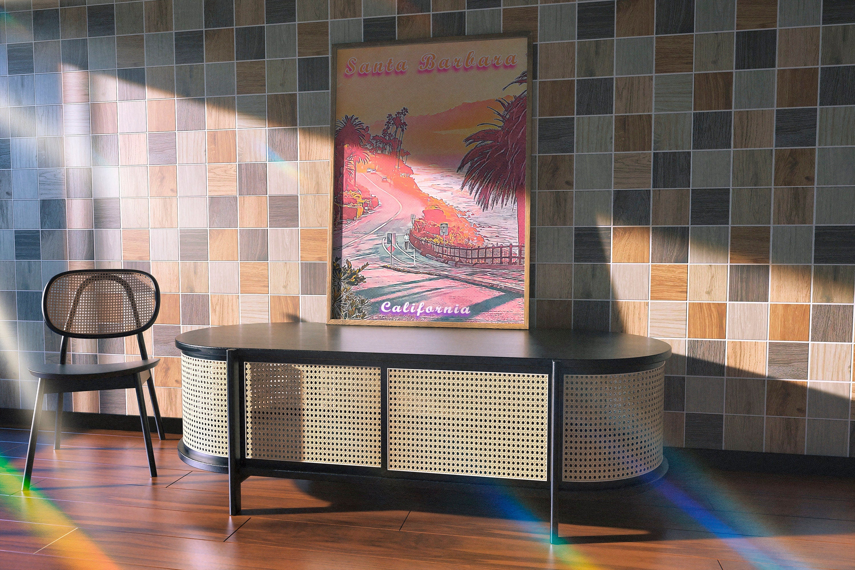 Santa Barbara Vaporwave Poster, California Colorful Gift, Pink Orange Sunset, Vibrant Printable Wall Art, Aesthetic Retro Summer Poster - DreamBrothers