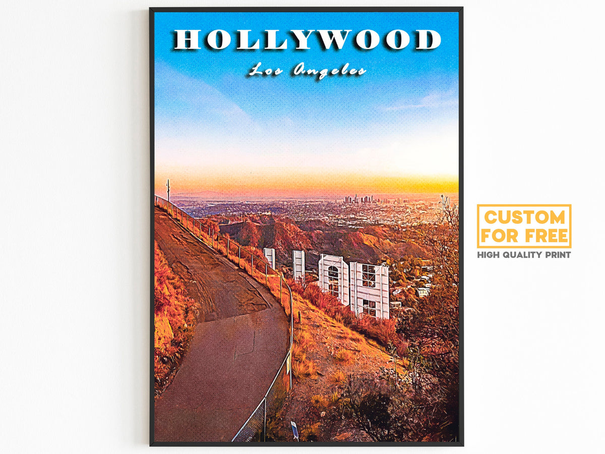 Hollywood Retro Poster, California Vintage Wall Art, Colorful Sunset Poster, USA Travel Gift, Los Angeles Skyline, LA Printable Download - DreamBrothers