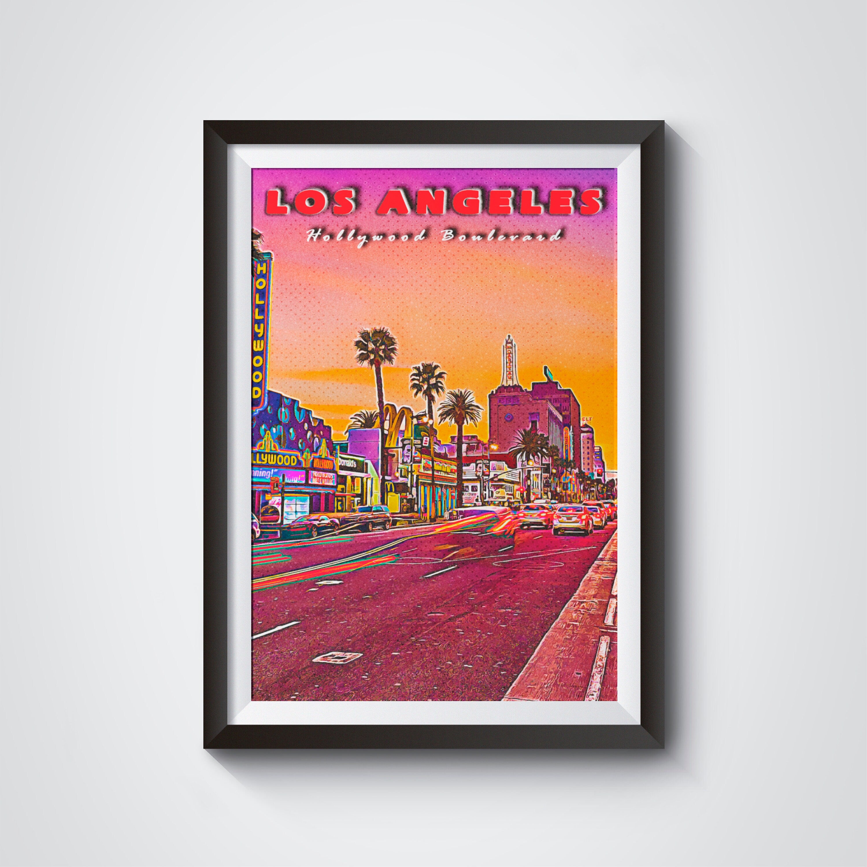 Hollywood Walk Of Fame, Los Angeles Retro Poster, California Vintage Print, Colorful Sunset Wall Art Printable, USA Travel Gift, LA Download
