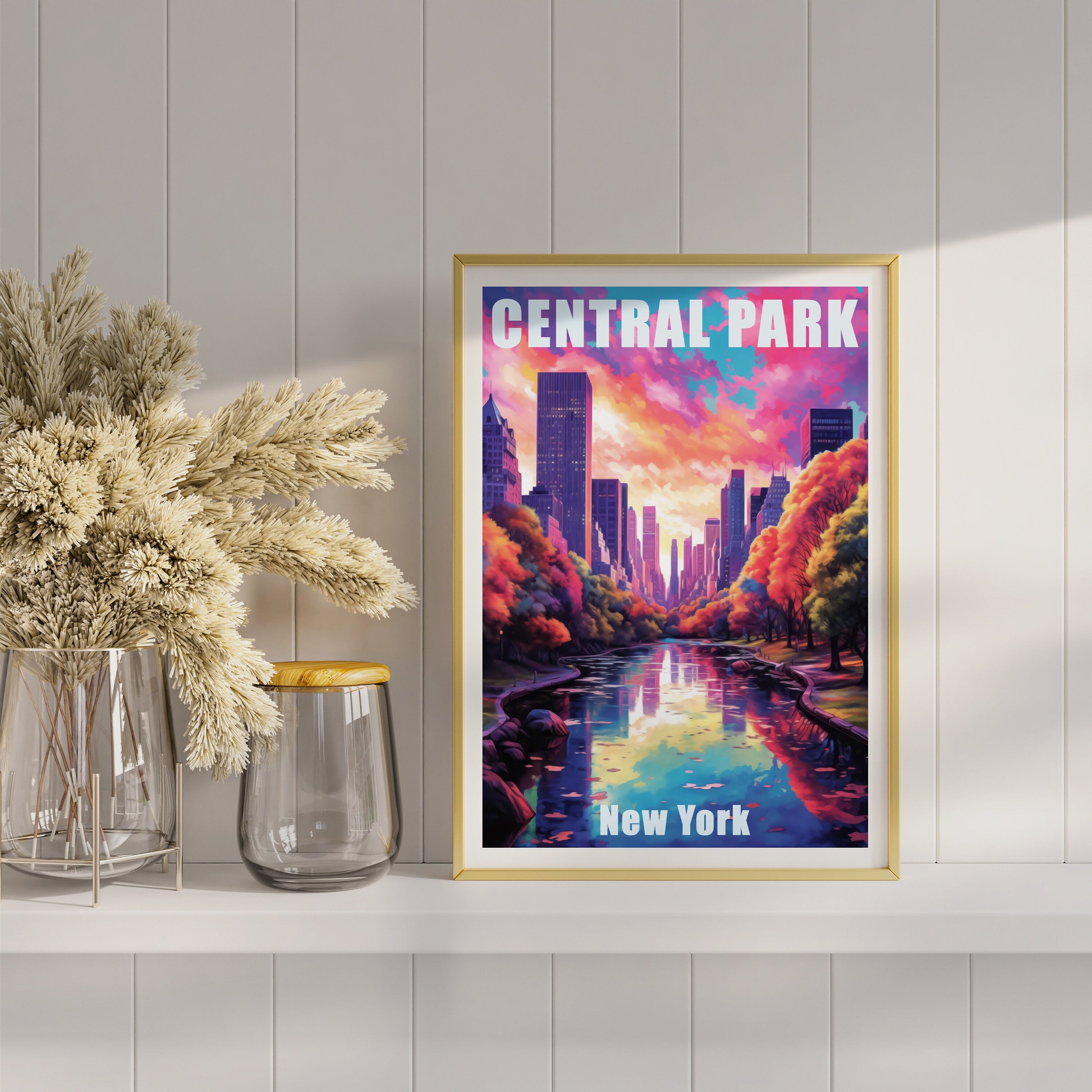 New York Oil Painting Poster, Central Park Print, Sunset Light, Manhattan Colorful Wall Art, NYC, USA Travel Gift, Vibrant Bright Colors