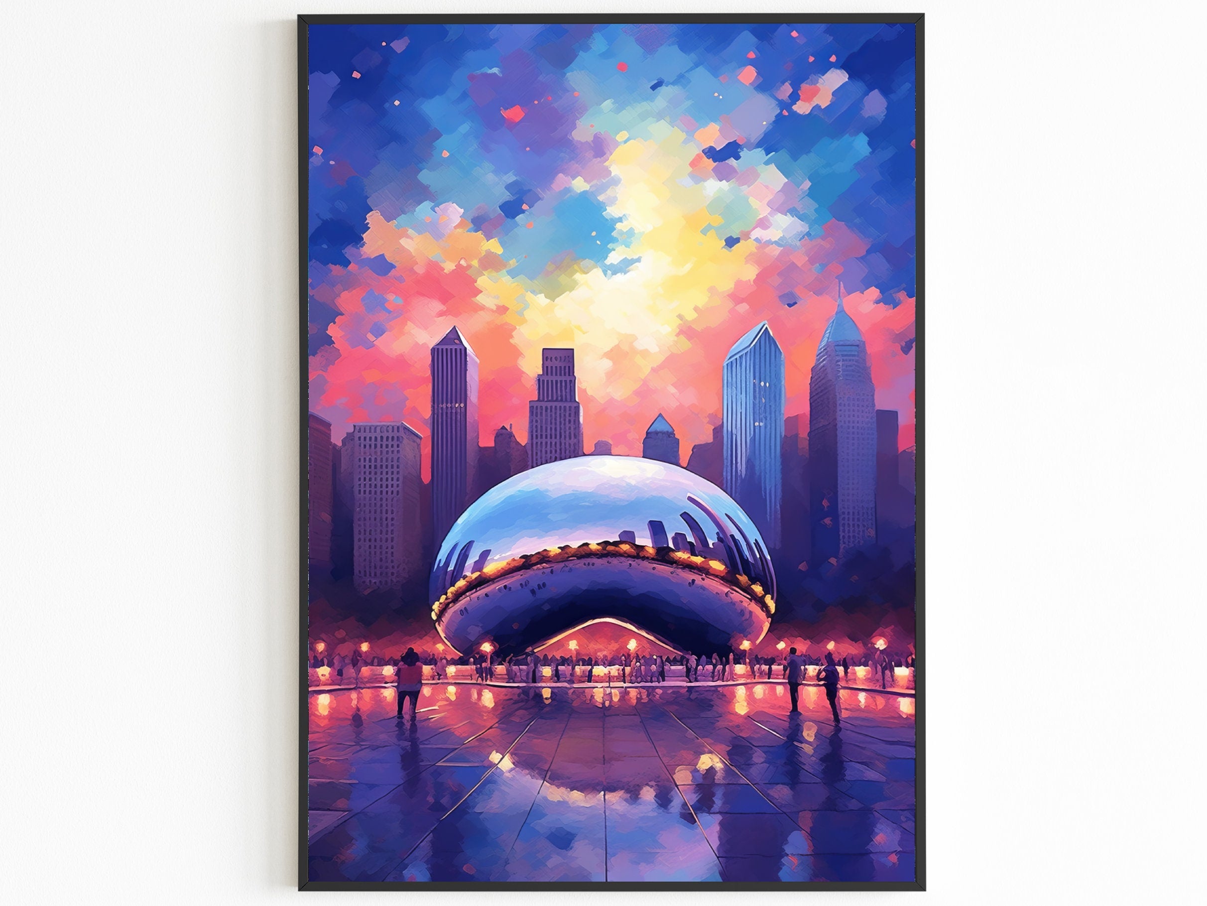 Chicago Bean Poster, Sunset Light, Illinois Travel Print, Millenium Park, USA Travel Gift, Colorful Magic Sky, Vaporwave Art, United States - DreamBrothers