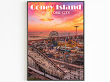 Coney-Island-Kunstdruck, farbenfrohe New Yorker Wandkunst, Achterbahn, Brooklyn-Poster als Geschenk, Jahrmarkt, lebendiges Amerika, ästhetischer Sonnenuntergang, Skyline von New York