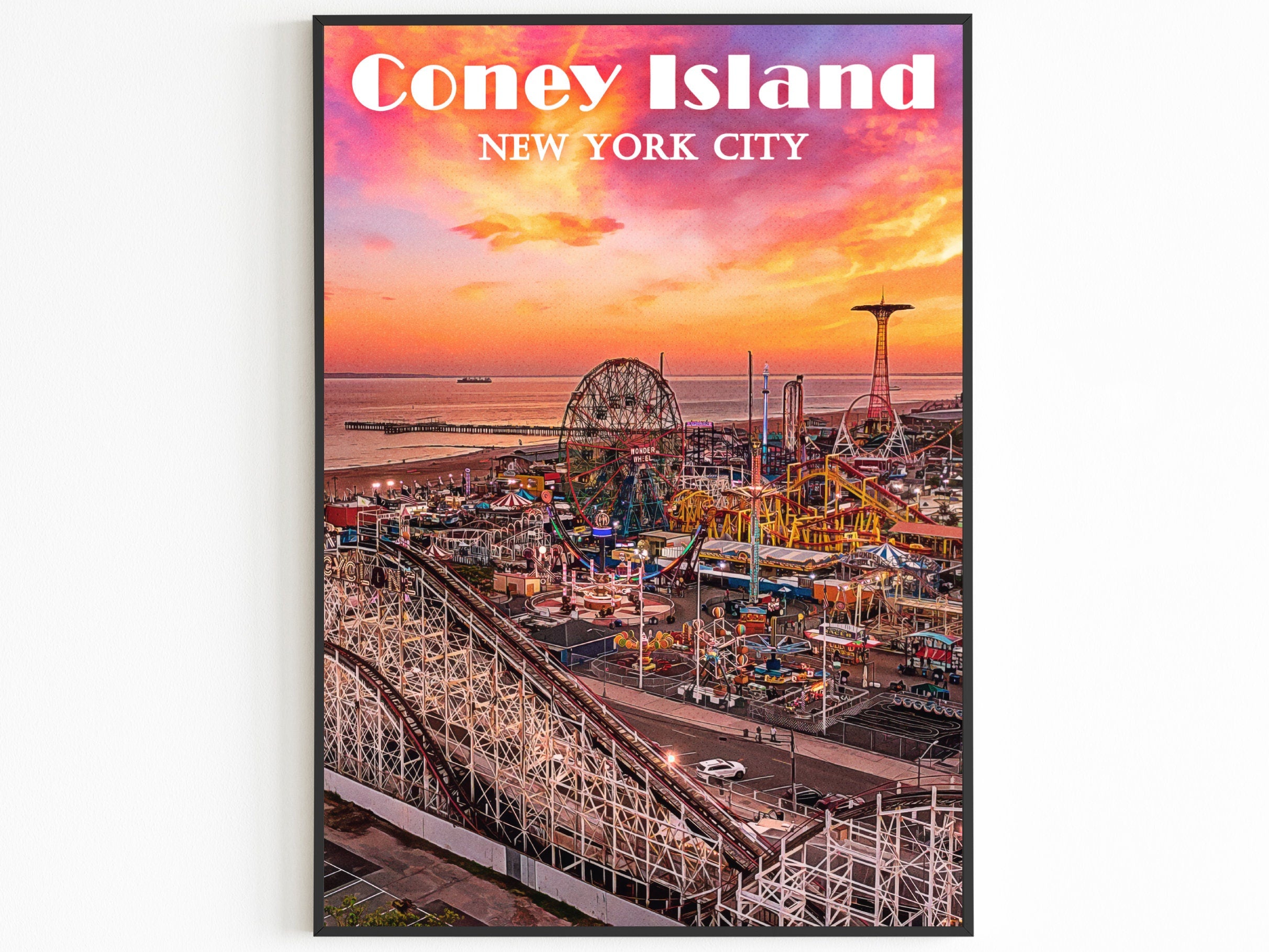 Coney Island Print, New York Colorful Wall Art, Rollercoaster, Brooklyn Poster Gift, Funfair, Vibrant USA, Aesthetic Sunset, NYC Skyline