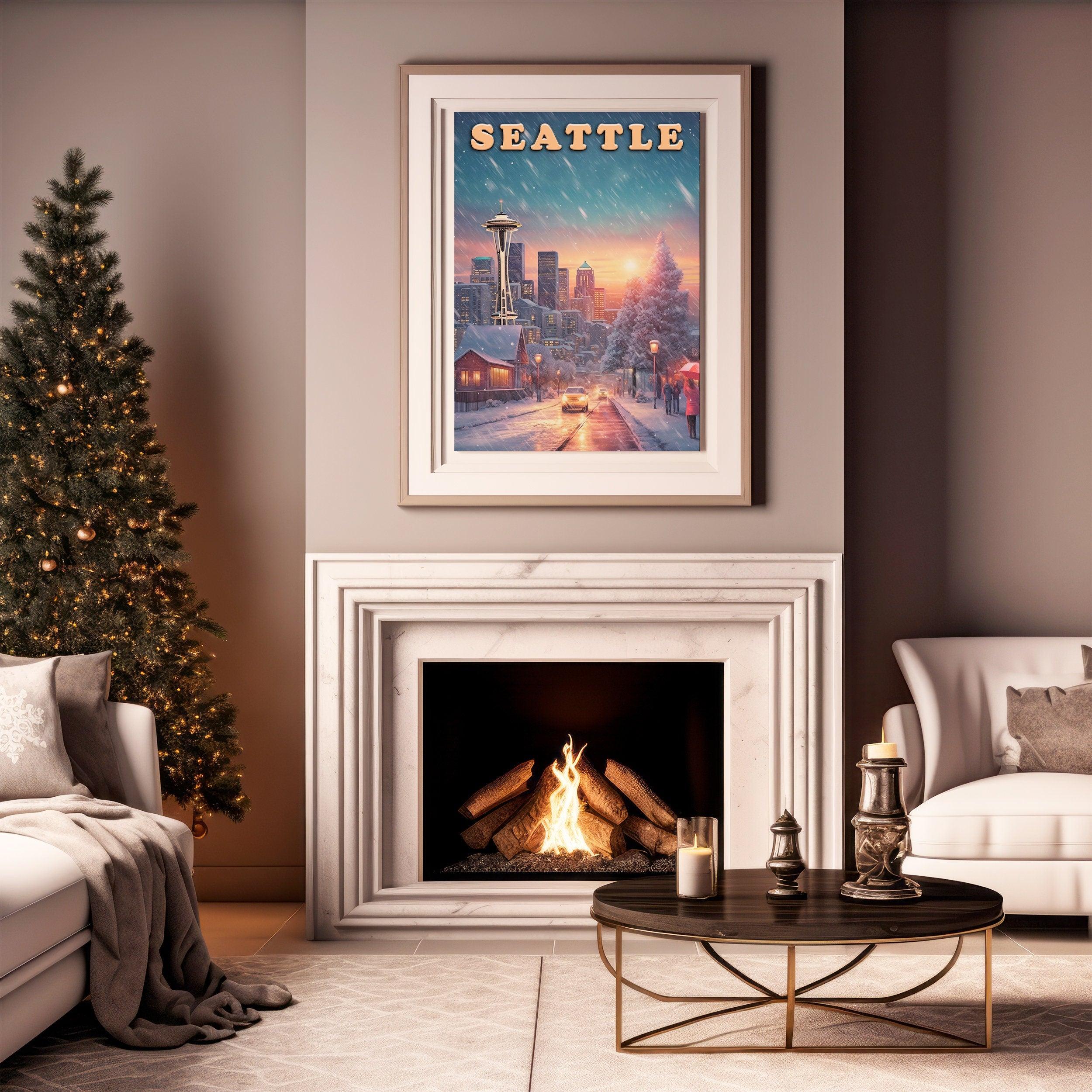 Seattle Vintage Poster, Sunset Light, Winter Nostalgic Art, Travel Poster Gift For Christmas, Washington Colorful, Decor For World Traveler