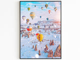 Balloon Travel Art, Winter Season, Turkey Colorful, Aesthetic Retro Poster, Fairy Mountain, Poster For Traveler, Romantic Couple Gift