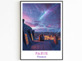 Paris-Poster, Sternschnuppe, Romantisches Wandbild, Lila Himmel, Perfektes Geschenk für sie, Farbenfrohes Reiseposter, Ästhetisches Geschenk für Paare