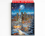 Vintage Christmas Washington Poster, Seattle Night, Nostalgic Winter Art, Travel Poster Gift for Christmas, Full Moon, Starry Sky