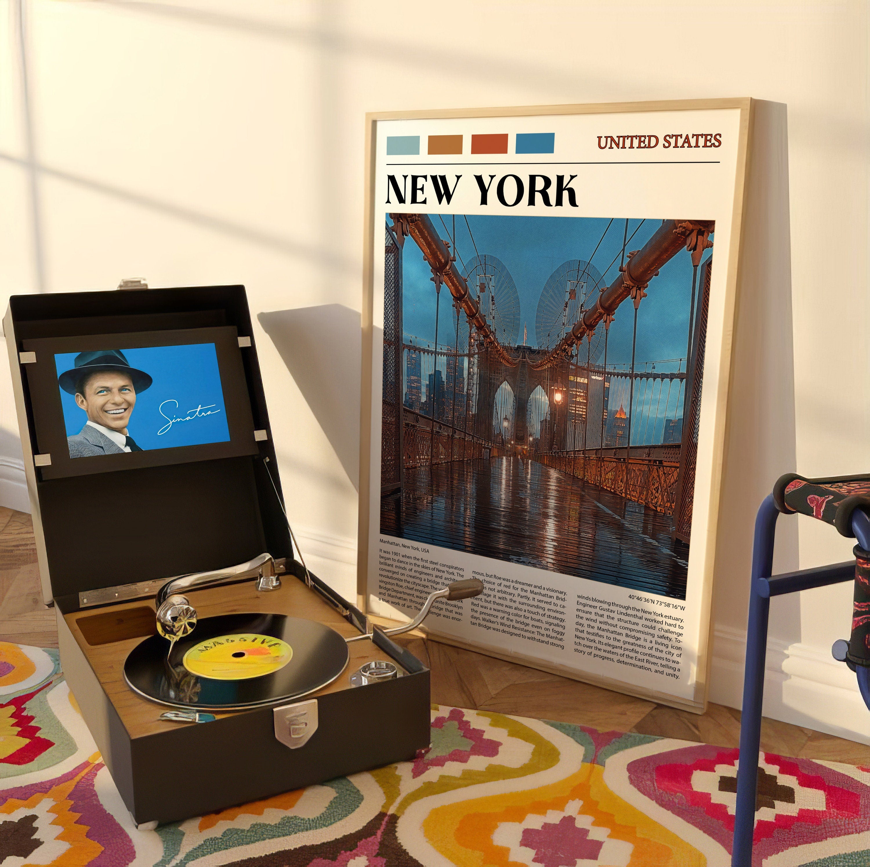 New York Bridge Travel Poster, Big Apple, Manhattan Bridge Wall Art, Rainy Day, NYC Gift, American Cultural History, USA Trip, Famous Place