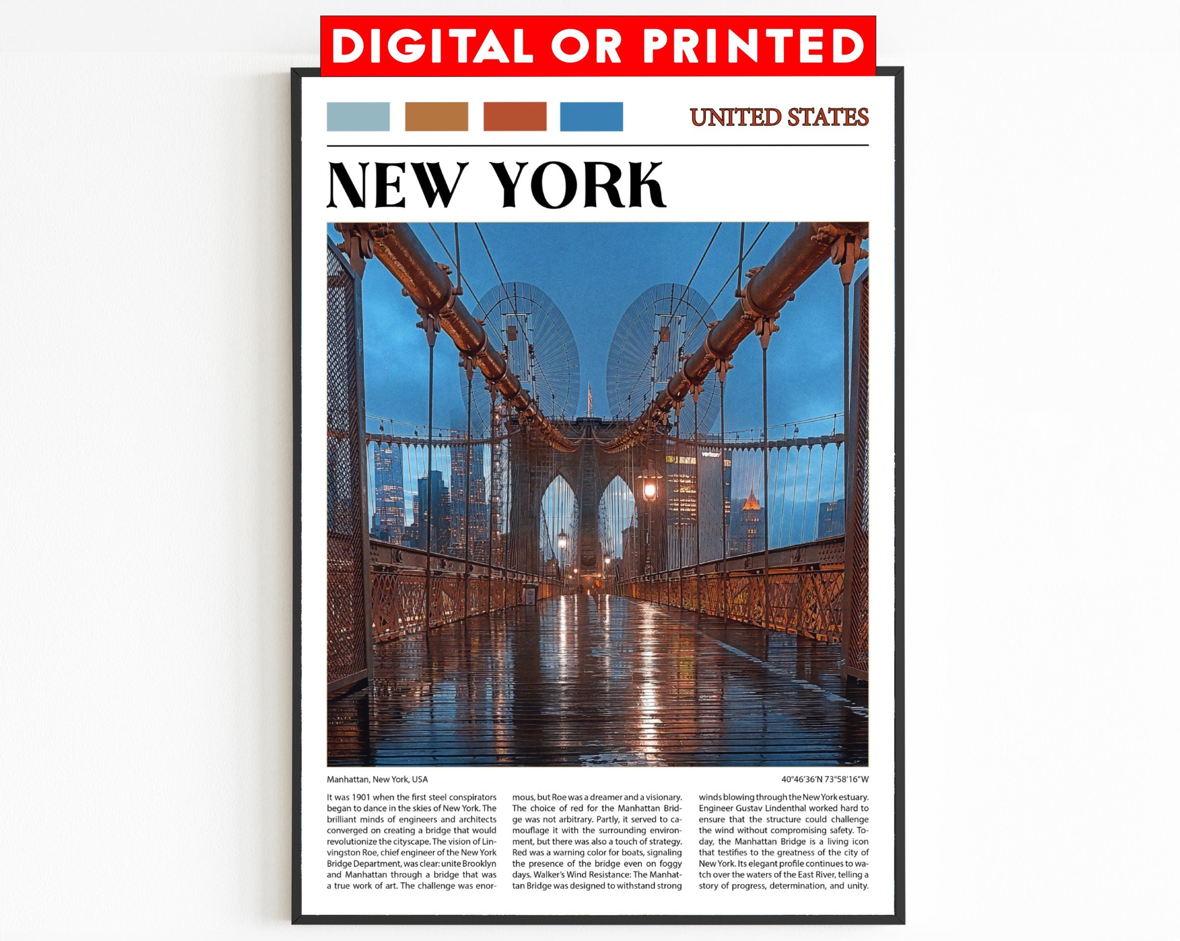 New York Bridge Travel Poster, Big Apple, Manhattan Bridge Wall Art, Rainy Day, NYC Gift, American Cultural History, USA Trip, Famous Place