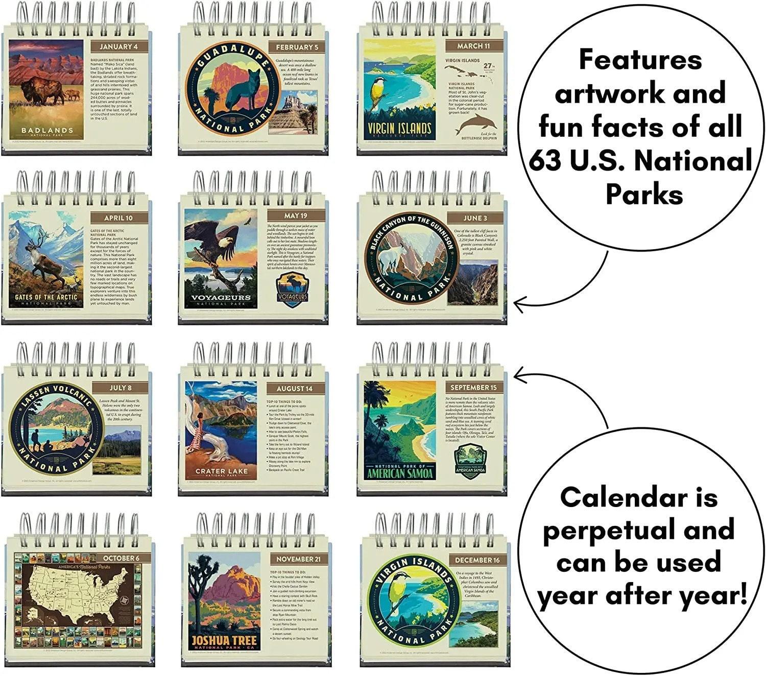 National Parks Perpetual Calendar, 365 Day Desk Calendar, Mini Decor Quotes, Learning Nature Art, Curiosity Artwork, Fun Fact - 2025 Planner