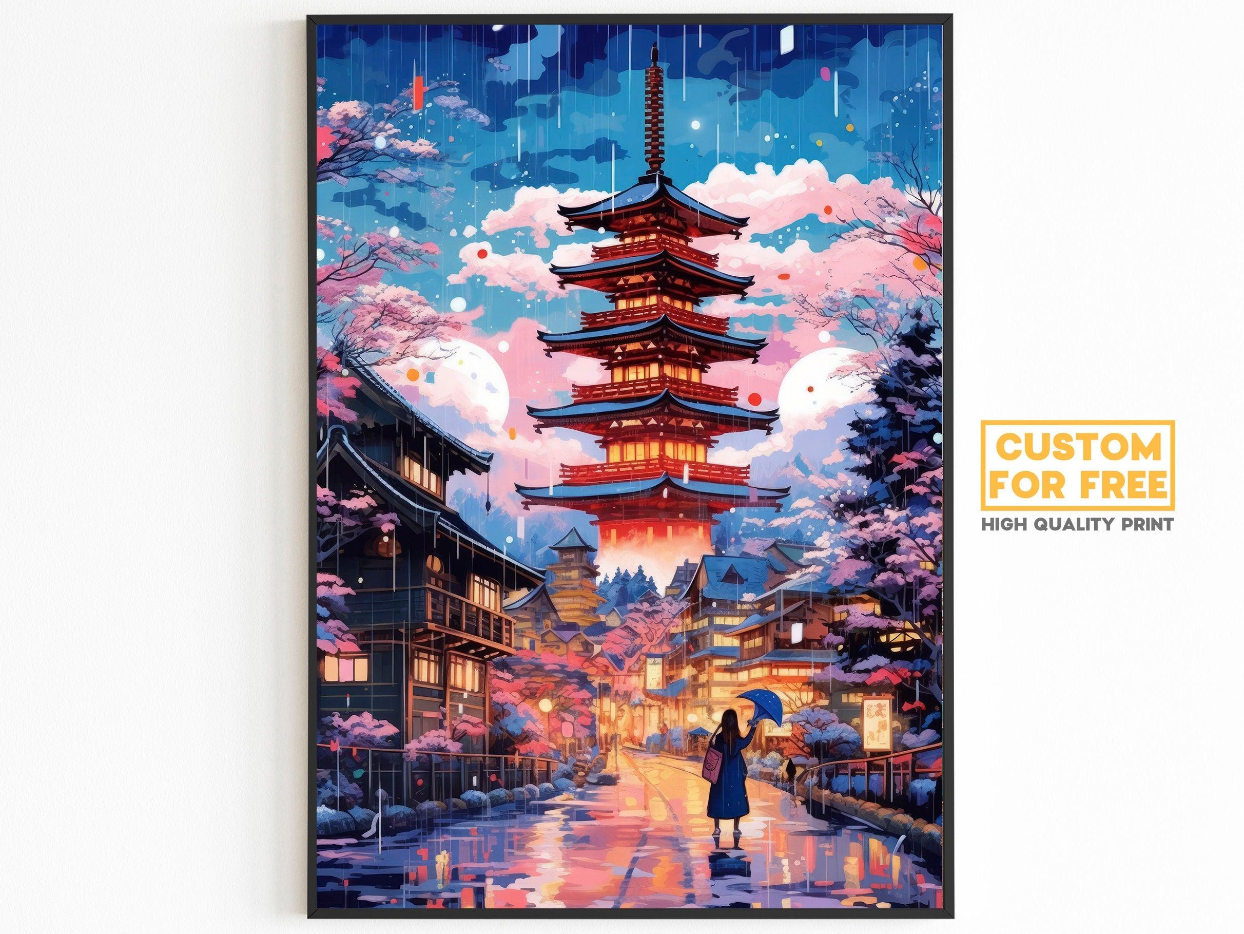 Rainy Kyoto street pagoda poster in a black frame, Custom For Free high quality print label