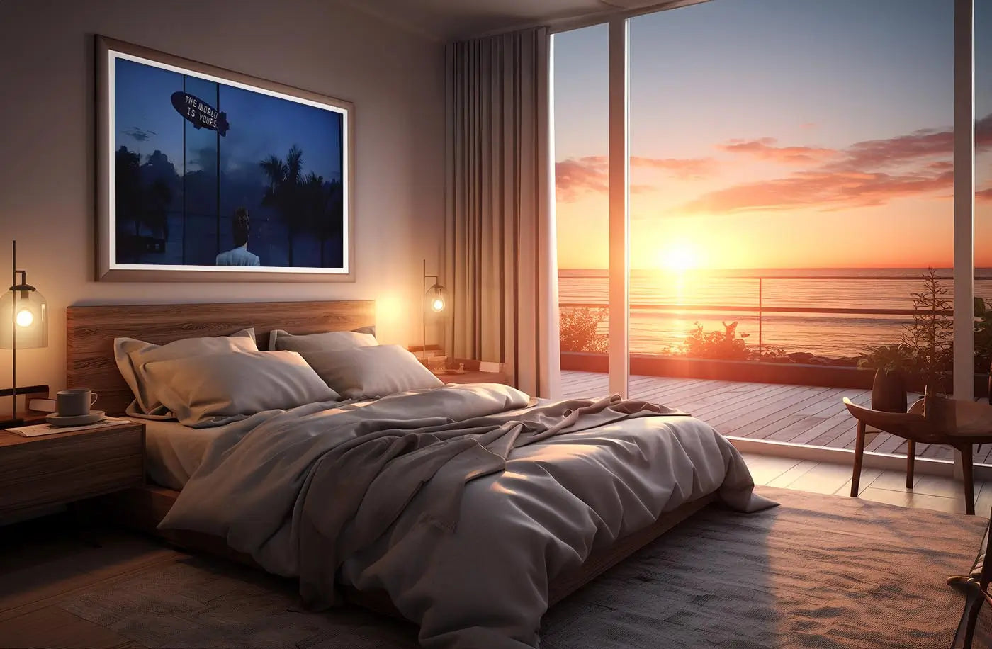 Modern bedroom with a large bed and a scenic sunset view through a window.