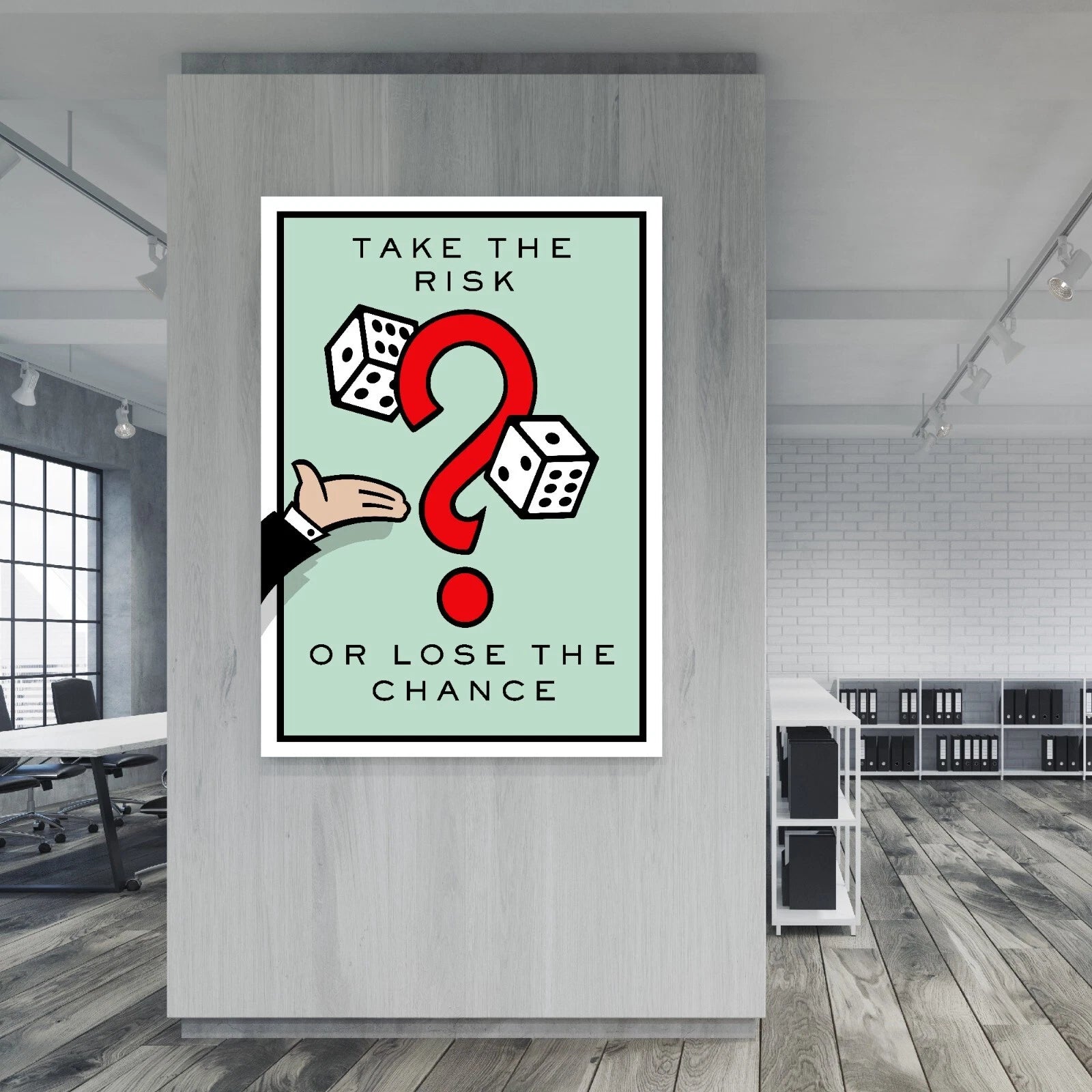 Take the Risk Monopoly poster on a minimalist office wall in a modern professional workspace