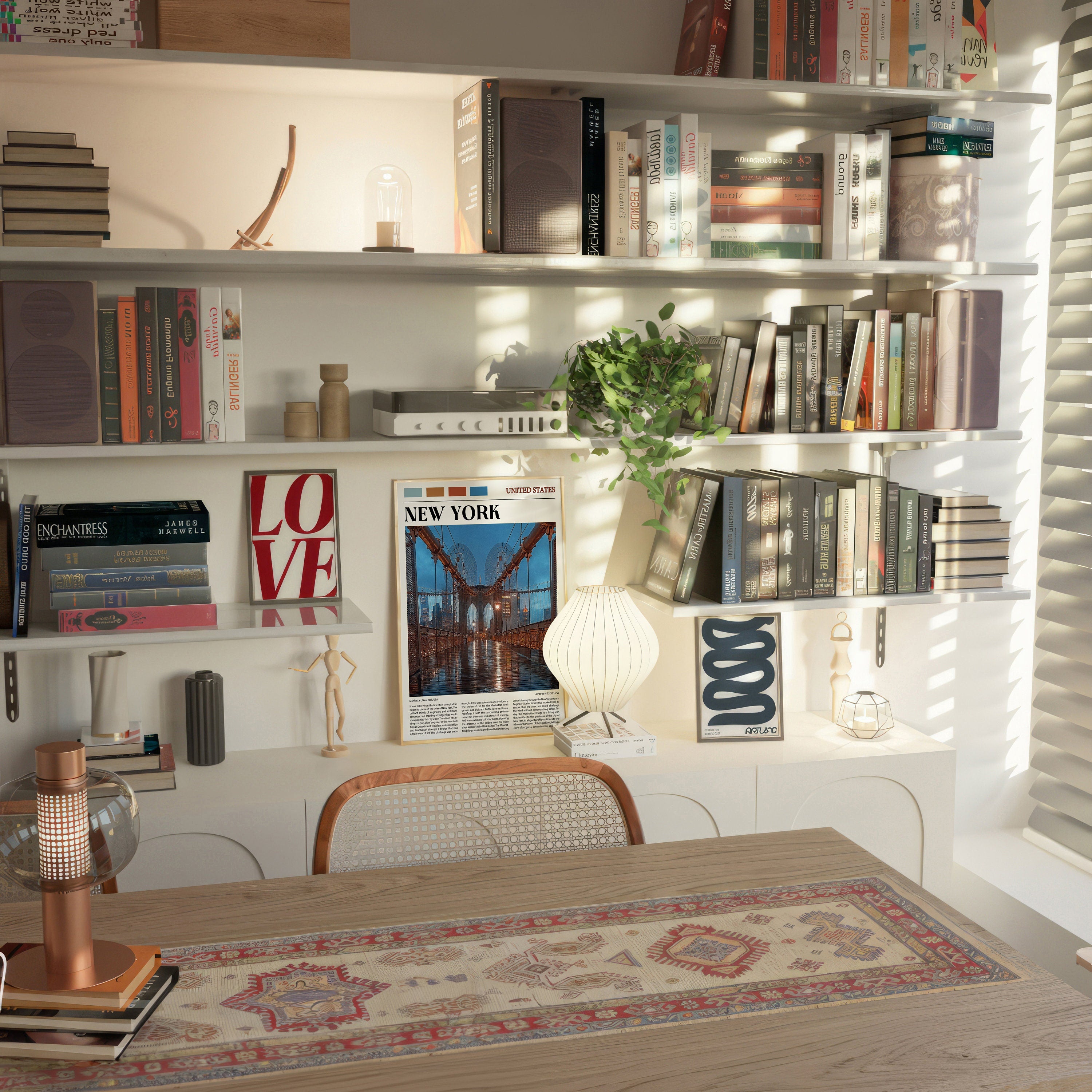 New York poster propped on a white shelf among books, plants and a paper lamp, cozy gallery styling