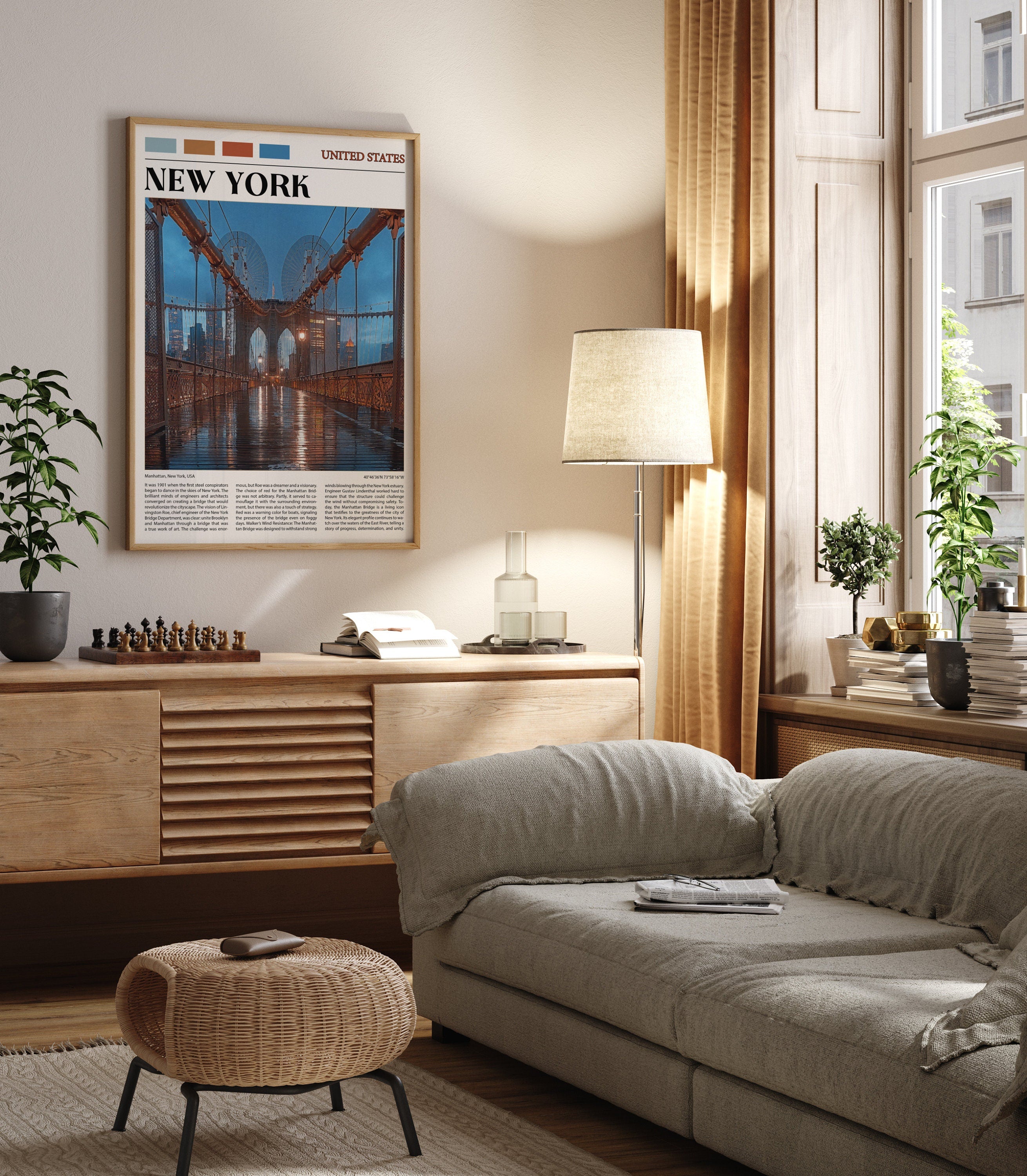 Wood framed Manhattan Bridge travel poster above a sideboard in a sunlit living room with linen sofa