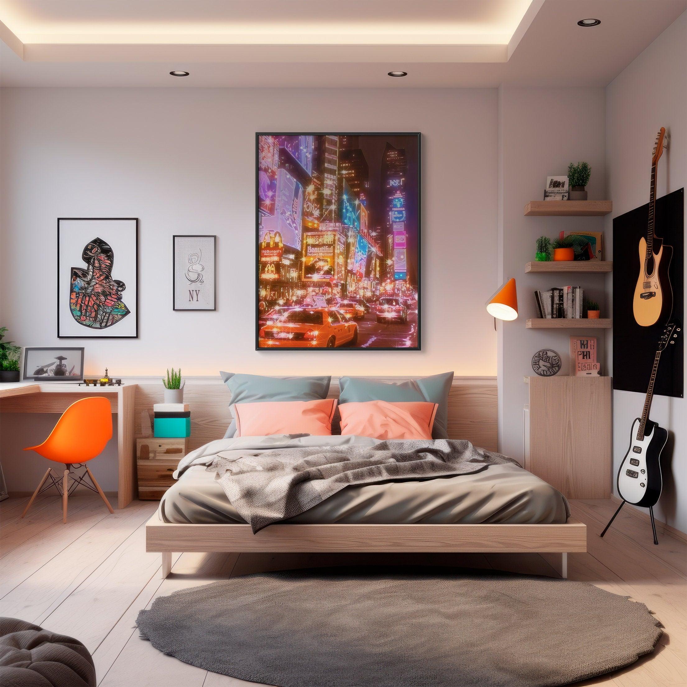 New York night poster above a wooden bed in a warm modern bedroom