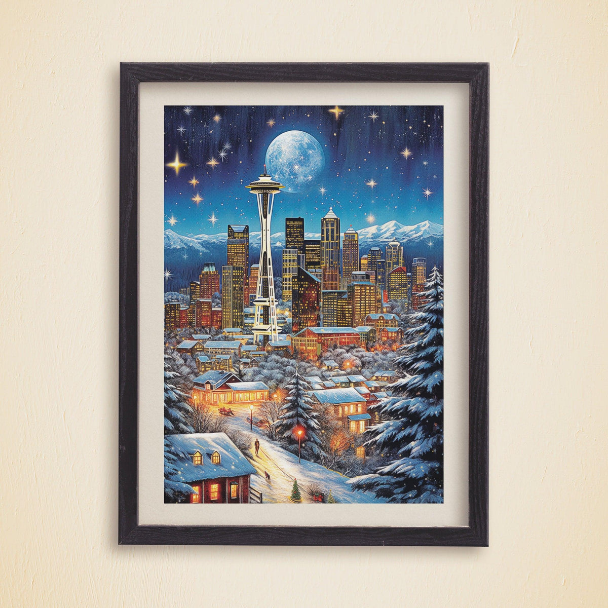 Vintage Christmas Washington Poster, Seattle Night, Nostalgic Winter Art, Travel Poster Gift for Christmas, Full Moon, Starry Sky - DreamBrothers