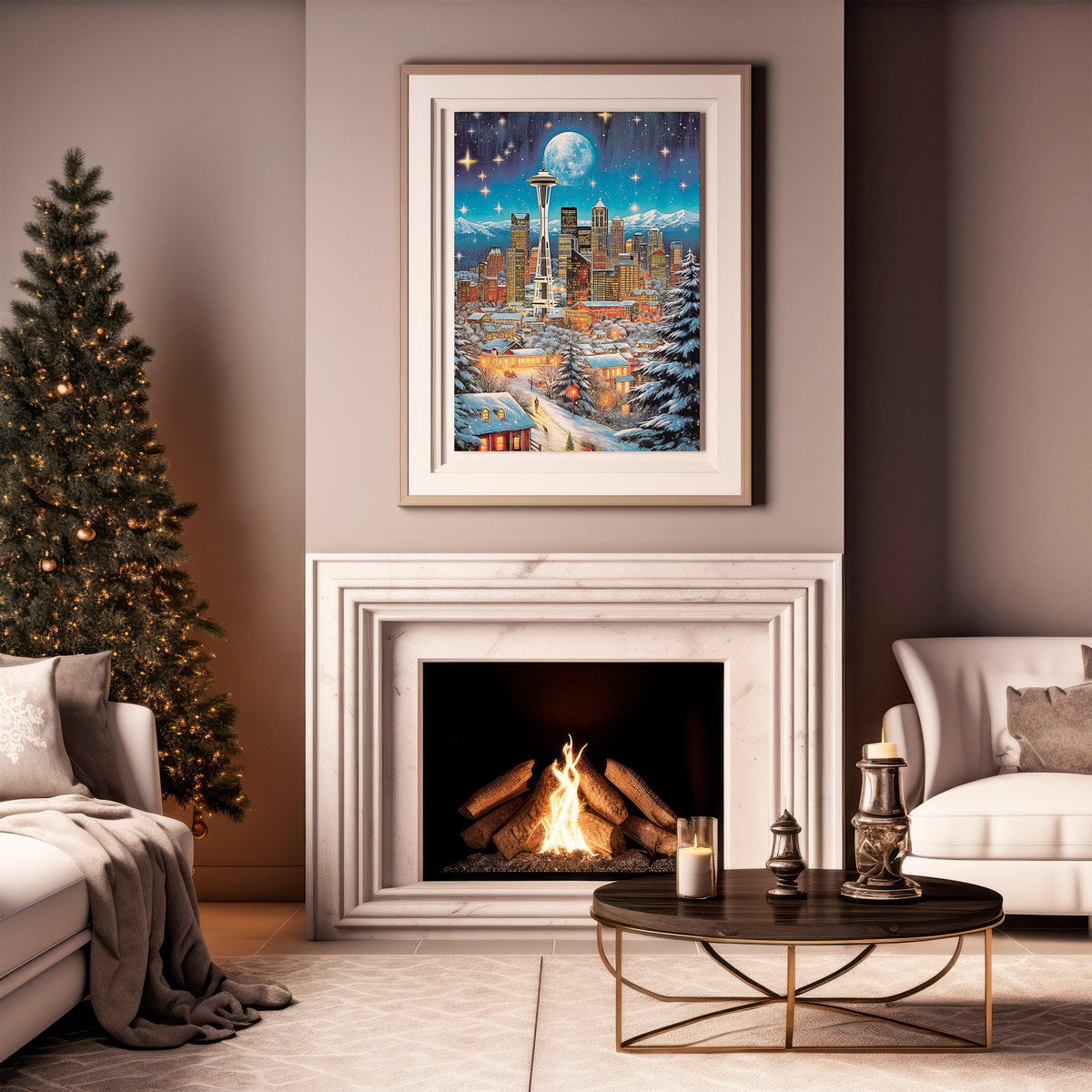 Vintage Christmas Washington Poster, Seattle Night, Nostalgic Winter Art, Travel Poster Gift for Christmas, Full Moon, Starry Sky - DreamBrothers