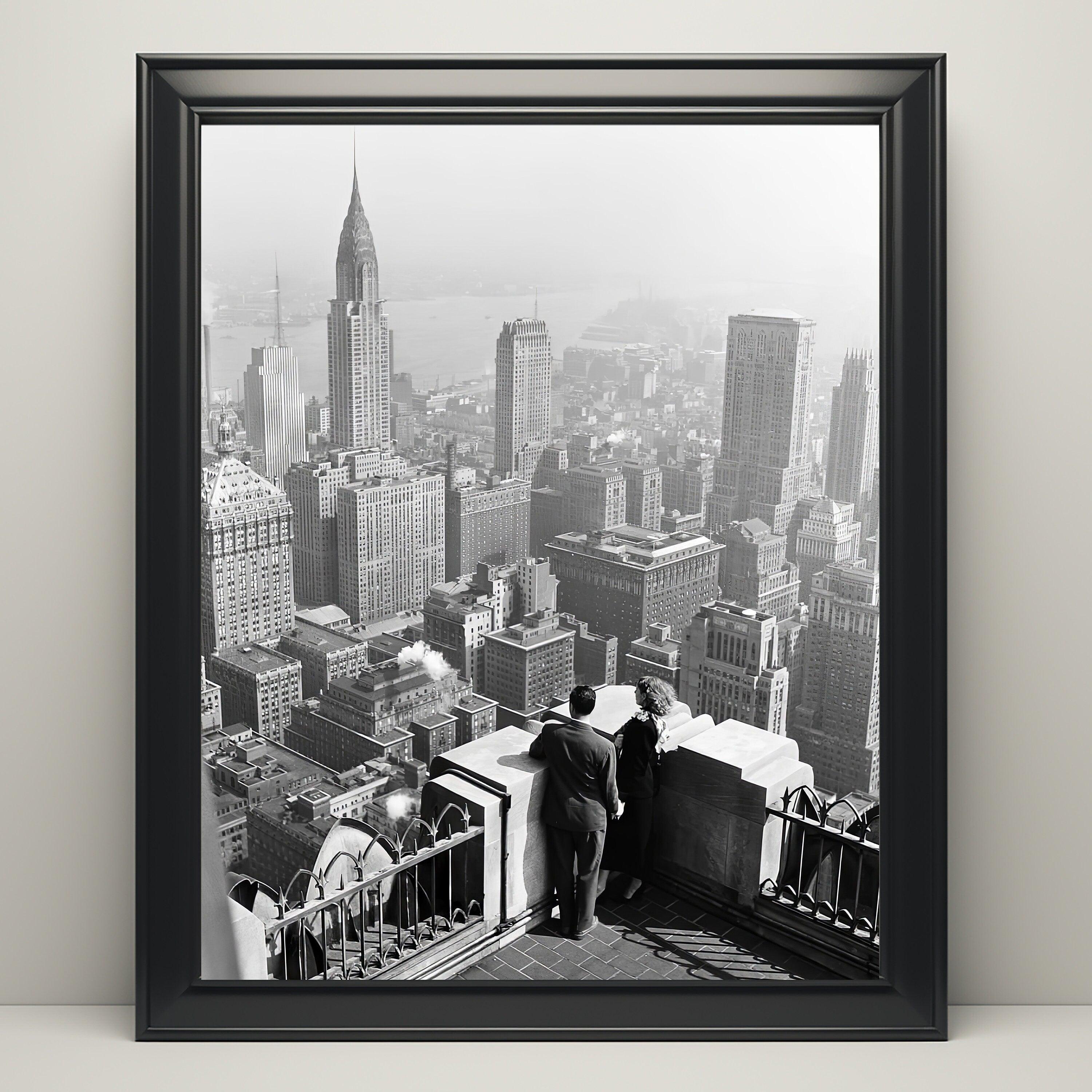 Close view of the framed print showing a couple watching the misty Manhattan skyline